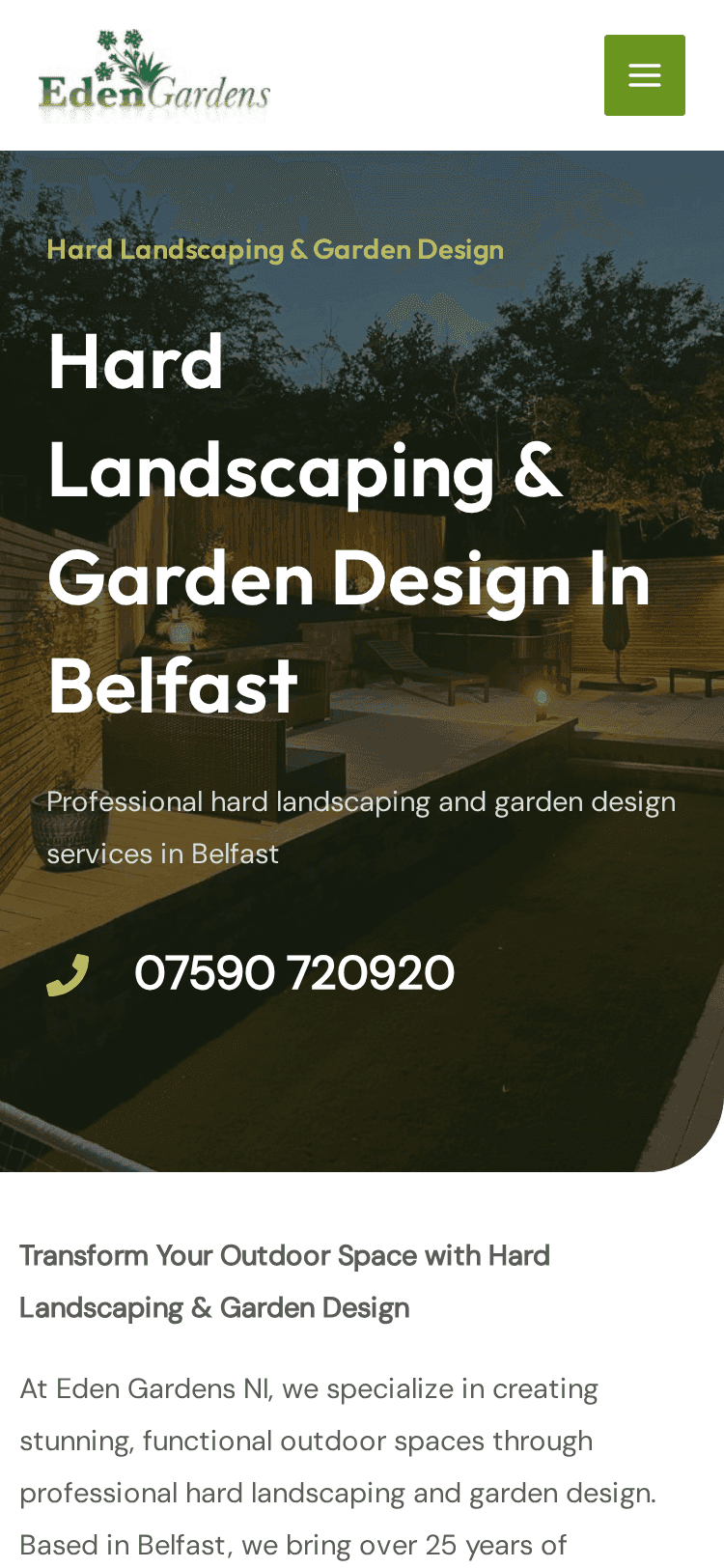 Mobile view of the Eden Gardens NI website